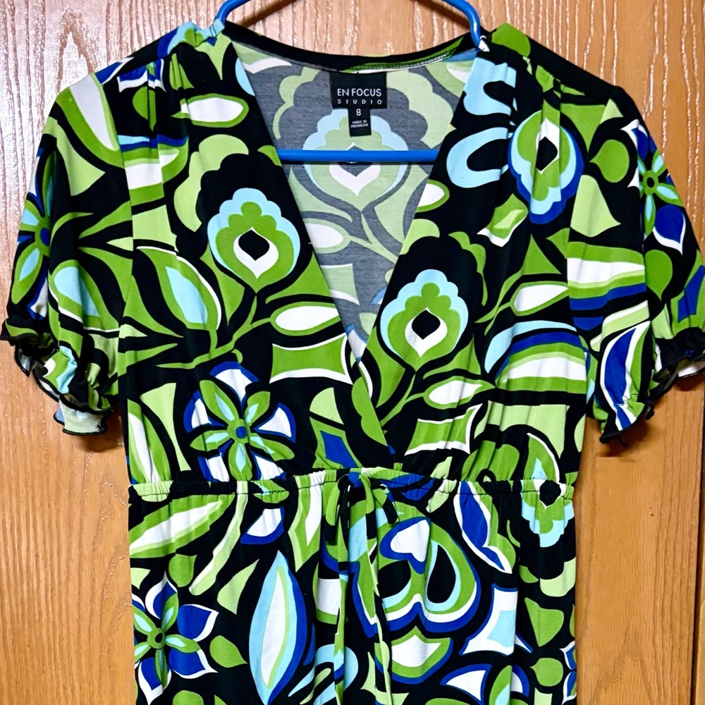 Enfocus Studio Green and Blue Graphic Tie Front Dress Sz 8